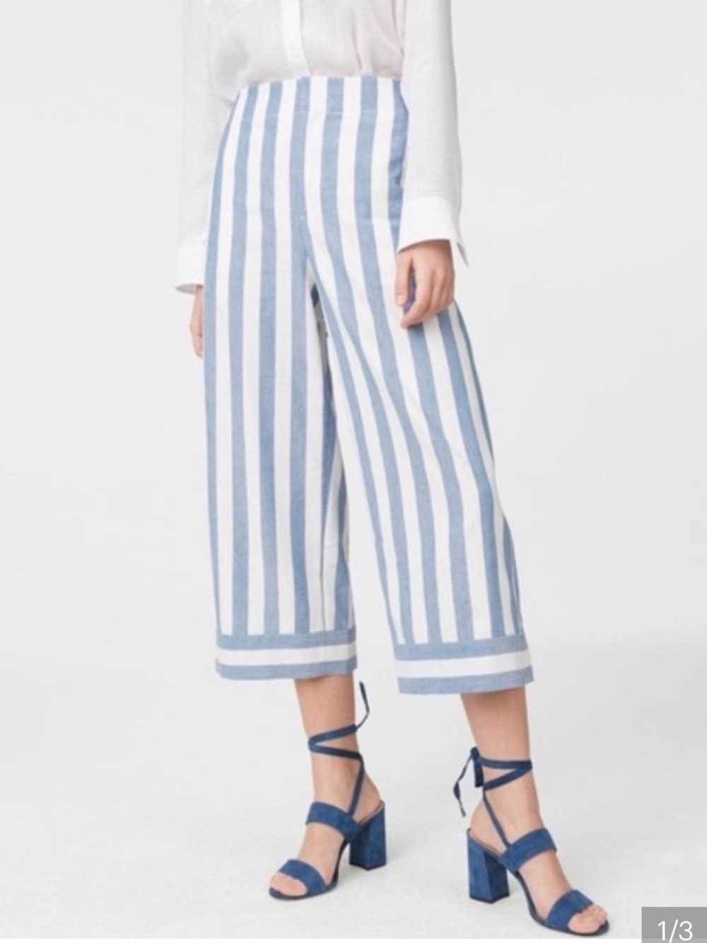 Club Monaco White and Blue Stripe Cropped Wide-Leg Pants